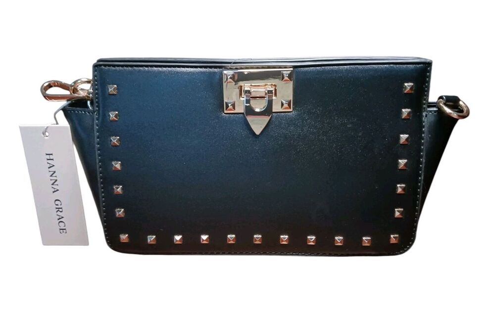 NEW Hanna Grace Black Faux Leather Gold Studded Crossbody Bag Detachable Strap
